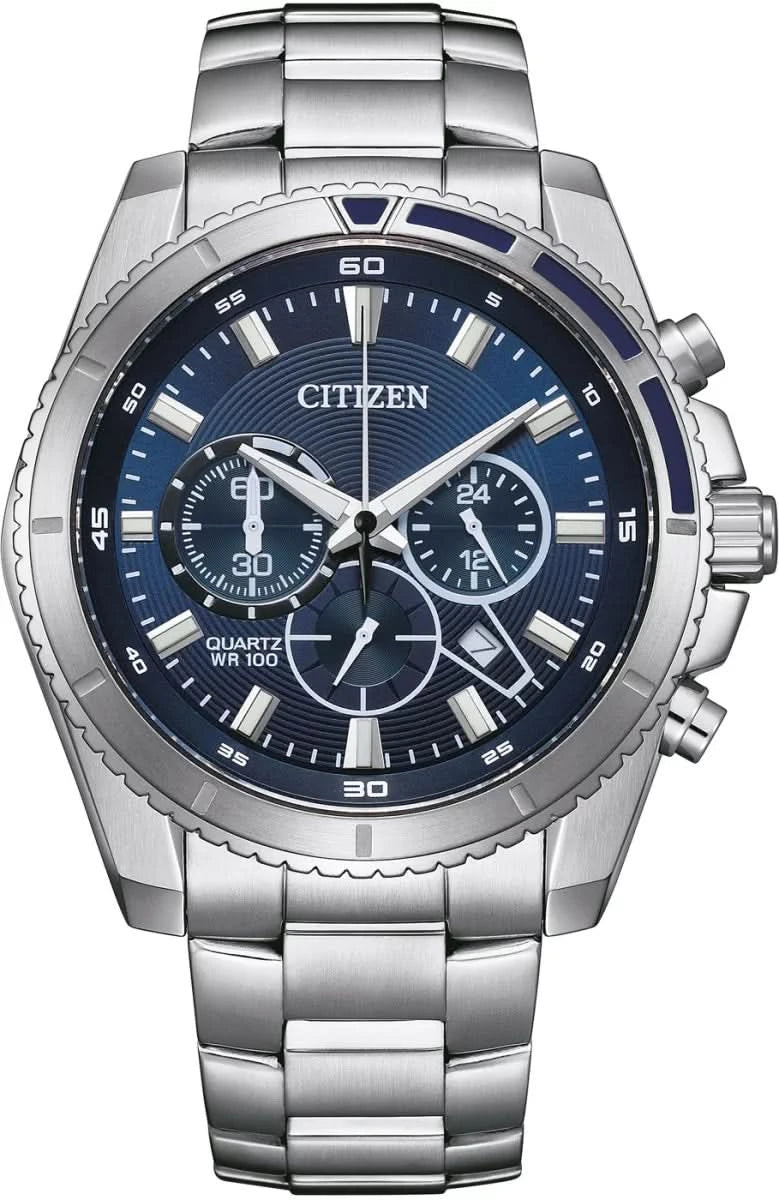 Reloj cronógrafo para hombre con esfera azul, caja y brazalete de acero inoxidable