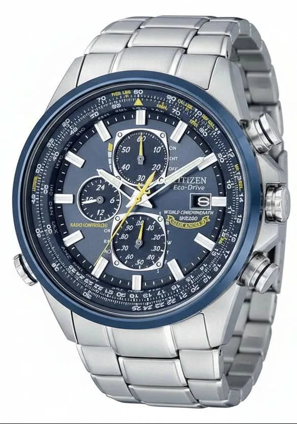 Pulsera de acero inoxidable con esfera azul para hombre Citizen, subesferas de cronógrafo y hora mundial