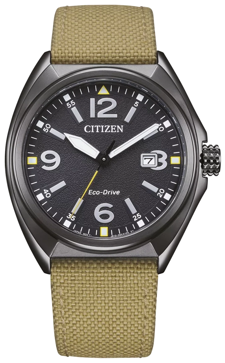 Reloj de hombre con esfera negra y correa de tela beige, ventana de fecha