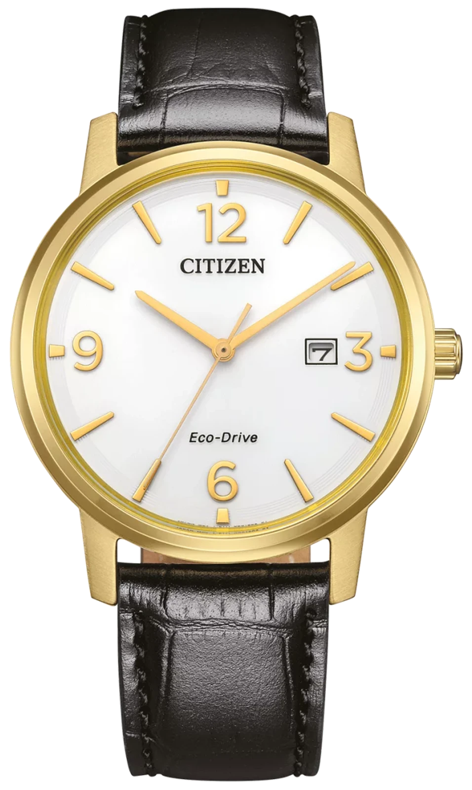 Reloj bicolor para hombre con esfera blanca, bisel dorado y correa de cuero negra
