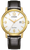 Reloj bicolor para hombre con esfera blanca, bisel dorado y correa de cuero negra