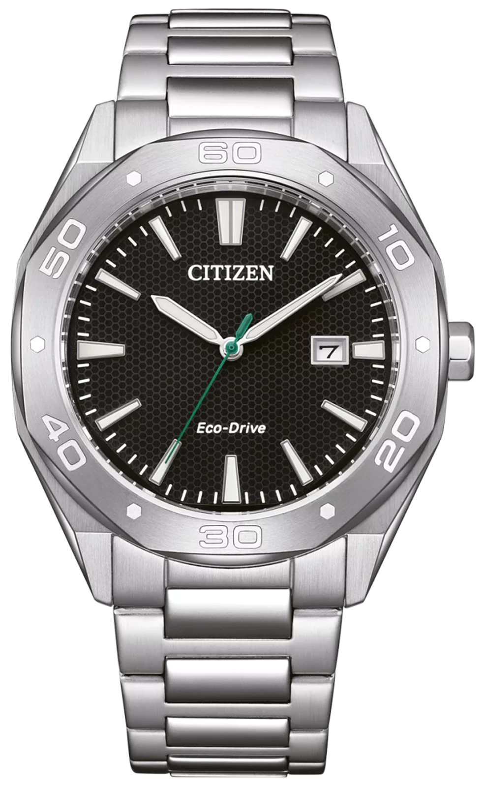 Reloj Citizen para hombre: esfera negra, pulsera de acero inoxidable, segundero verde
