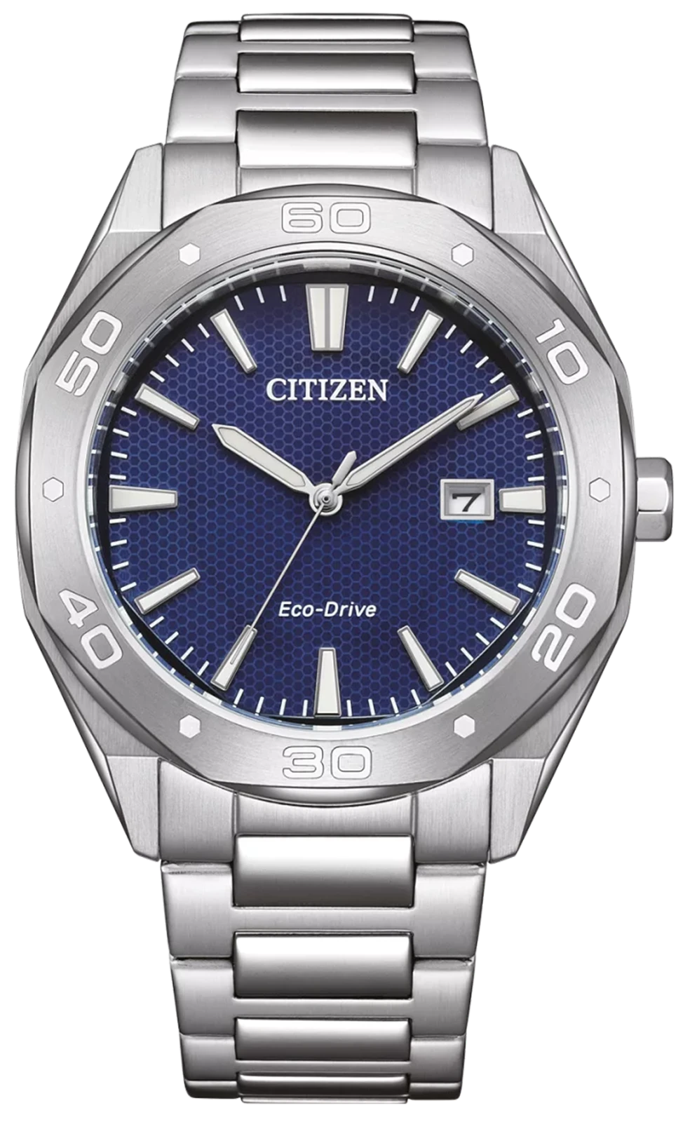 Reloj de hombre con esfera azul y correa de acero inoxidable, fecha a las 7 en punto
