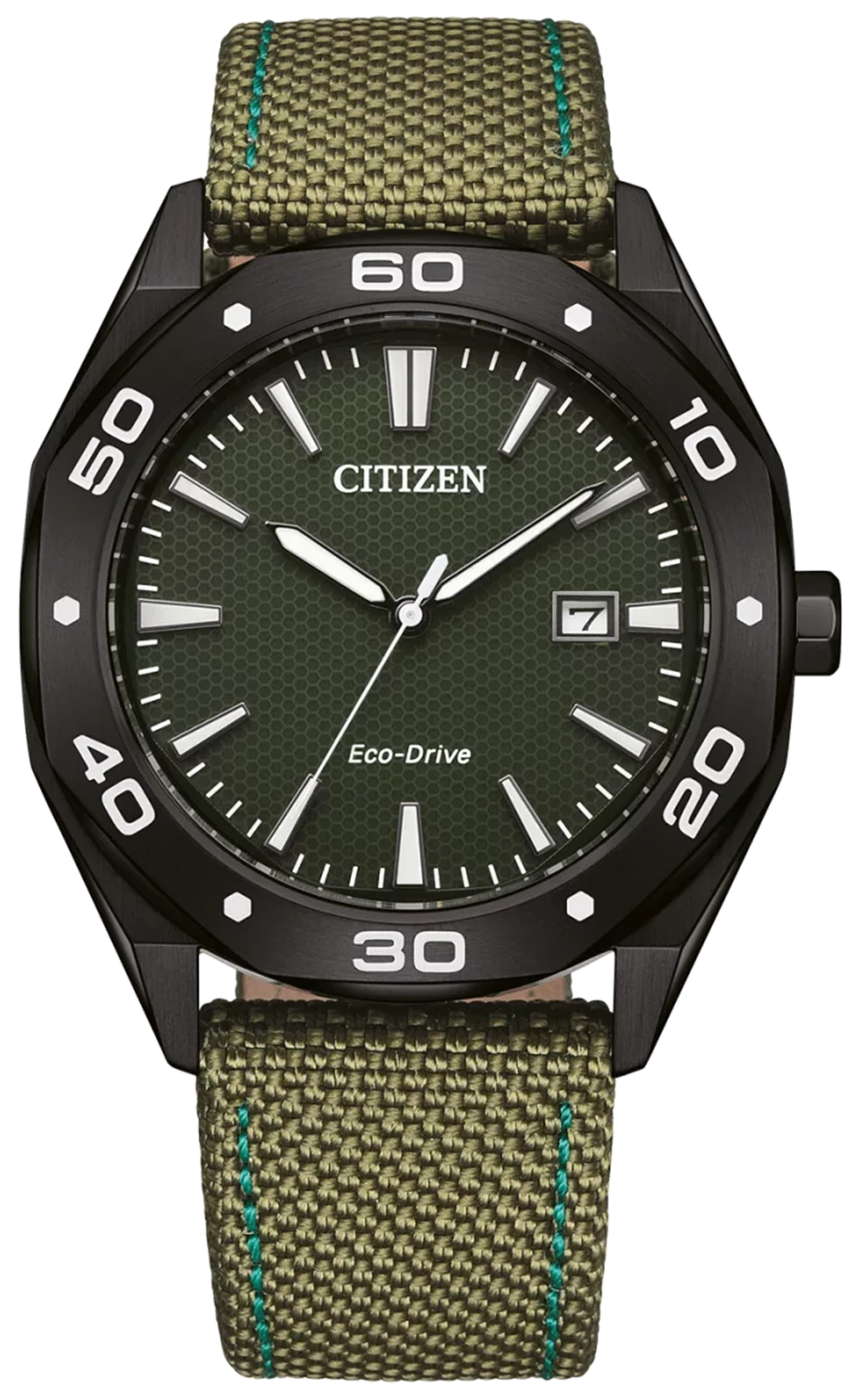 Pulsera de hombre con esfera negra, correa textil verde y manecillas plateadas