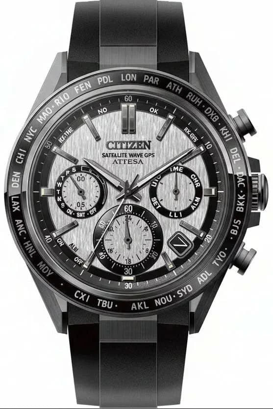 Reloj de hombre con esfera negra redonda, subesferas de cronógrafo y correa negra