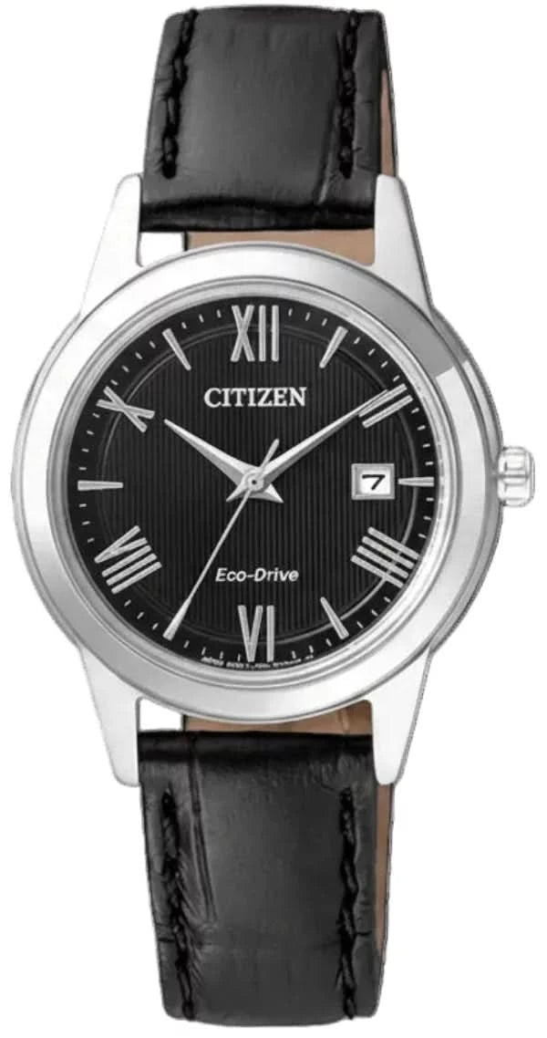 "Reloj de mujer Citizen con esfera negra, números romanos y correa de piel"