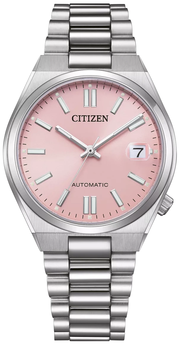 Reloj de hombre con correa de metal plateado y esfera rosa, pantalla automática