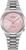Reloj de hombre con correa de metal plateado y esfera rosa, pantalla automática