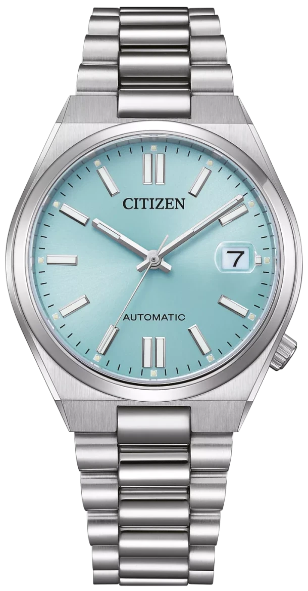 Reloj de hombre con correa de acero inoxidable plateado y esfera azul, automático, cristal de zafiro