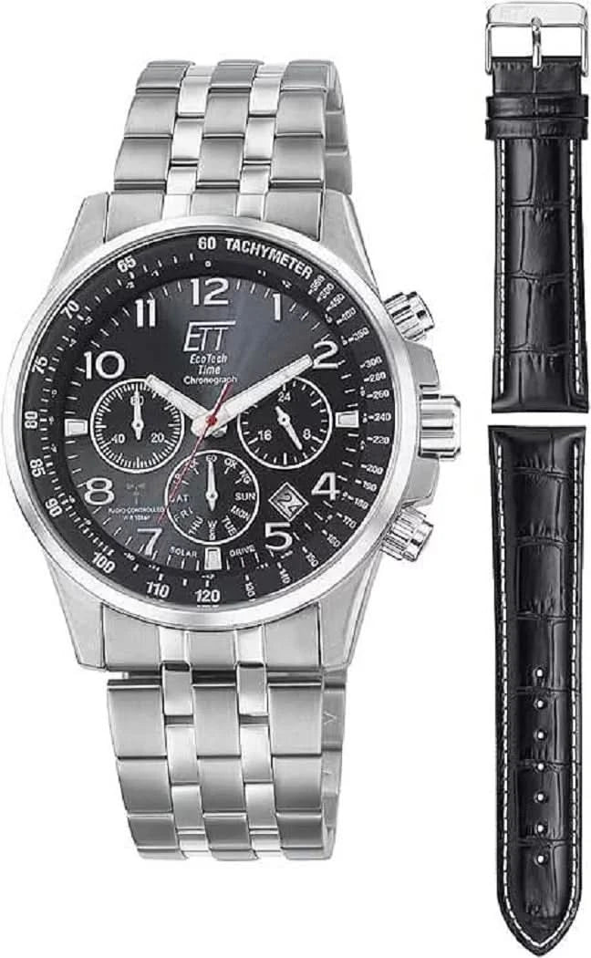 Reloj de hombre con correa de metal, esfera negra y correa de cuero adicional