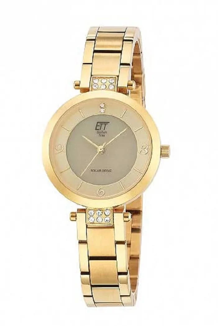 "Reloj de mujer con pulsera de acero inoxidable en tono dorado, esfera redonda y detalles de diamantes"