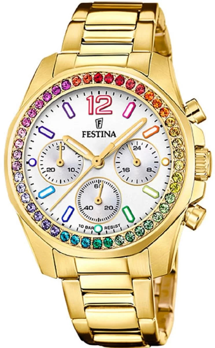 Reloj Festina para mujer con brazalete de metal dorado, esfera blanca y bisel de arcoíris, cuarzo