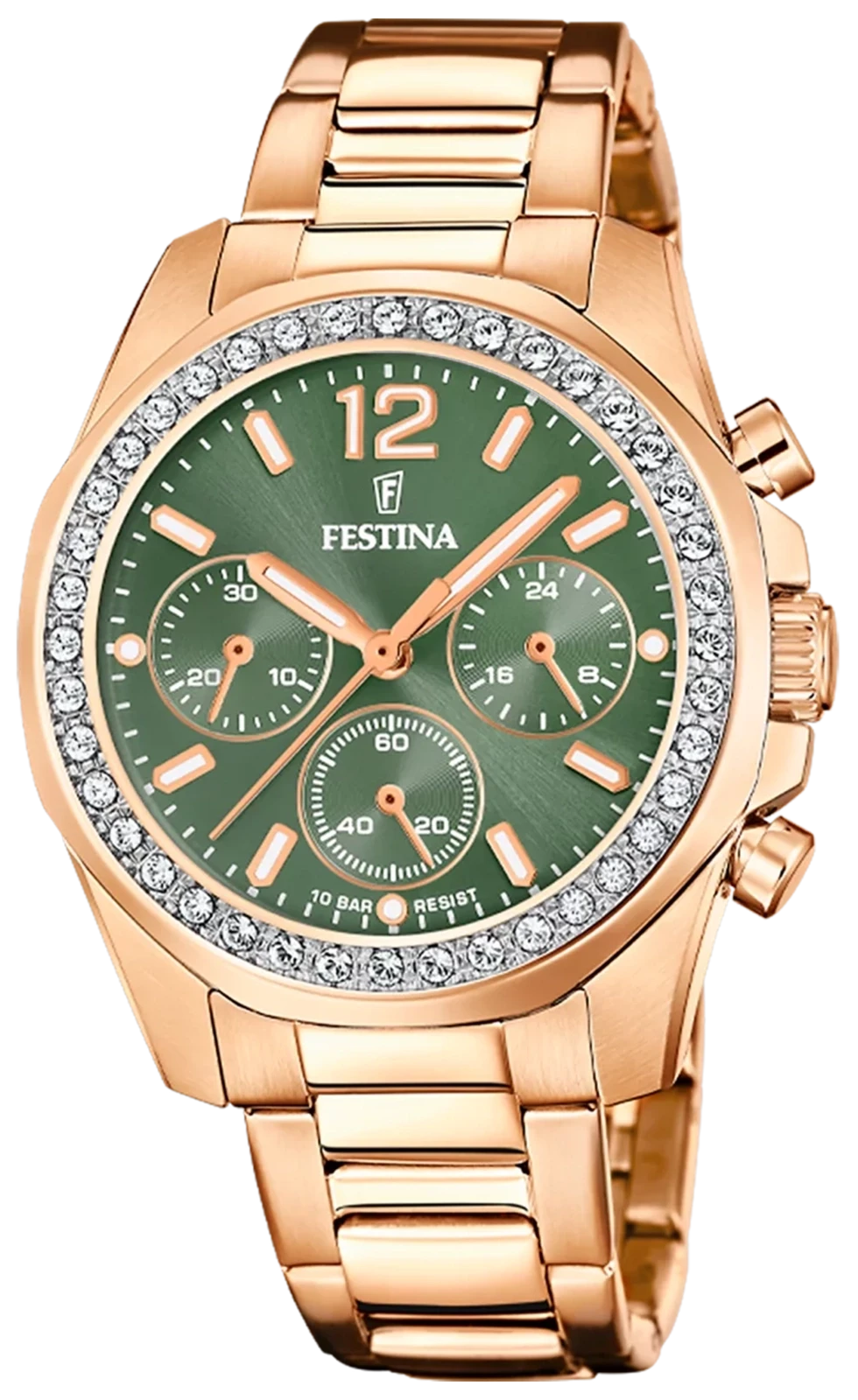 "Reloj de mujer con pulsera de acero inoxidable en tono oro rosa, esfera verde y bisel con piedras"