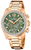 "Reloj de mujer con pulsera de acero inoxidable en tono oro rosa, esfera verde y bisel con piedras"