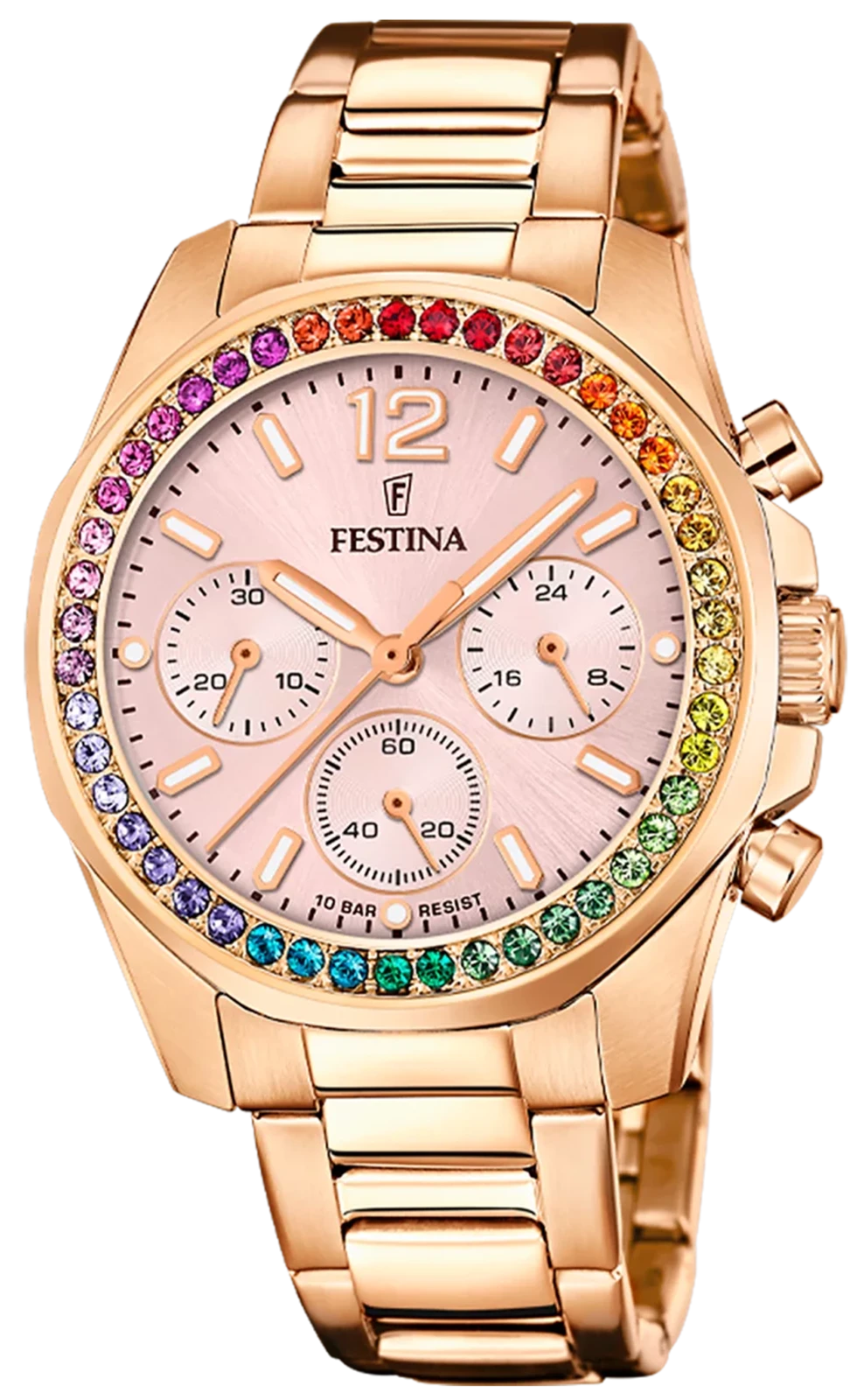 Reloj de mujer en tono oro rosa con esfera multicolor y dial blanco