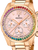 Reloj de mujer en tono oro rosa con circonitas de colores en el bisel y diseño cronógrafo