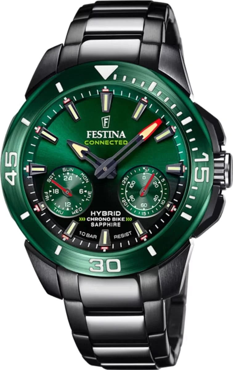 Reloj Festina para hombre con esfera verde, correa de metal negra y subesferas de cronógrafo
