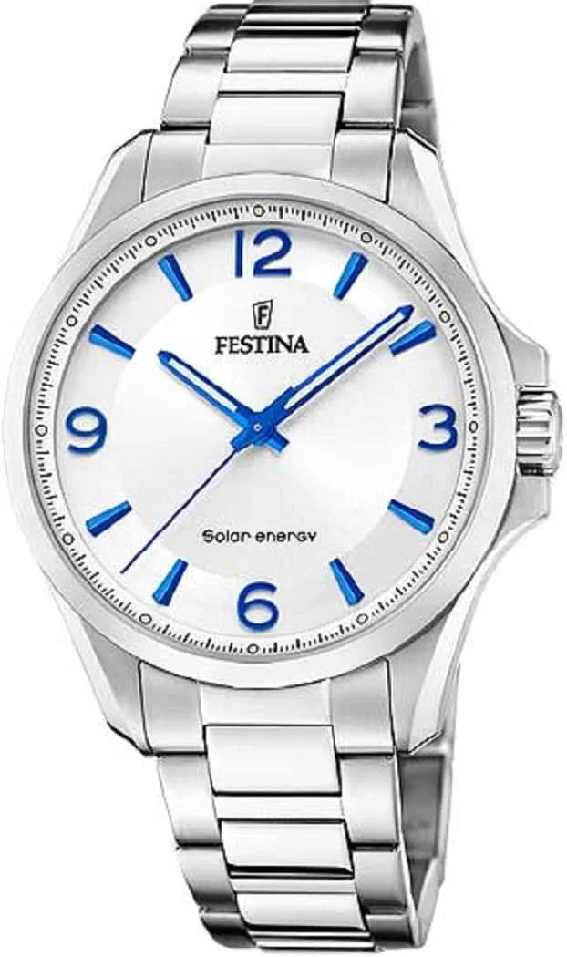 Reloj solar Festina para hombre de acero inoxidable con esfera blanca y manecillas azules, brazalete de metal