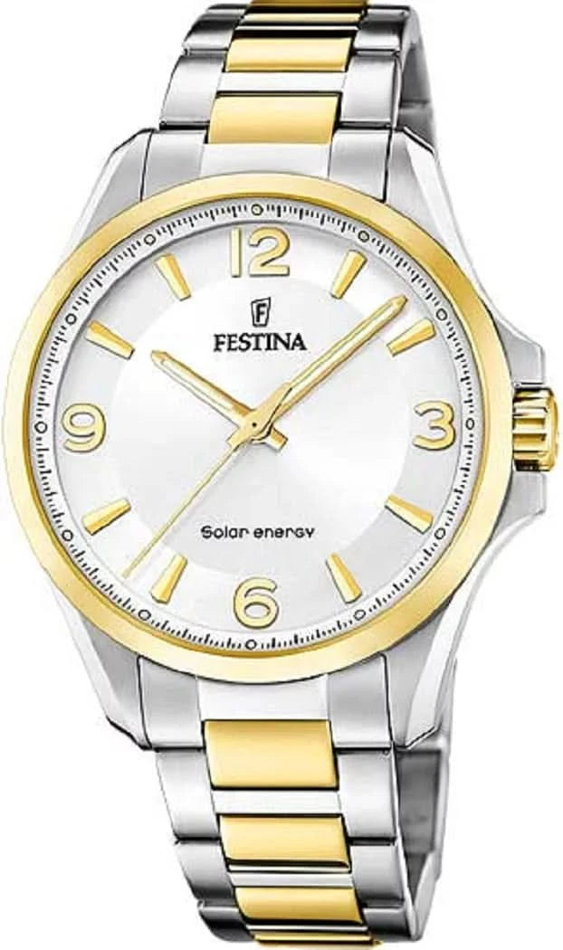 Festina Reloj Solar bicolor plata/oro, esfera blanca, índices, correa de metal