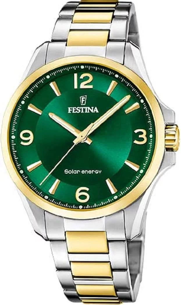 Reloj solar Festina para hombre, acero bicolor/oro, esfera verde con índices y agujas