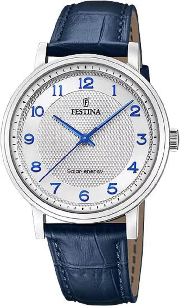 Pulsera de hombre con correa de cuero azul, caja redonda plateada y esfera azul