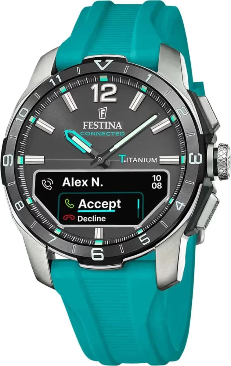 Reloj Festina Connected para hombre: esfera negra, bisel de titanio, correa de silicona turquesa.