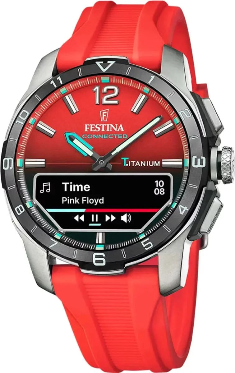 Reloj conectado para hombre con correa de silicona roja y esfera negra, caja de titanio