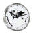 Reloj de pared redondo con marco plateado, esfera blanca y mapa del mundo negro