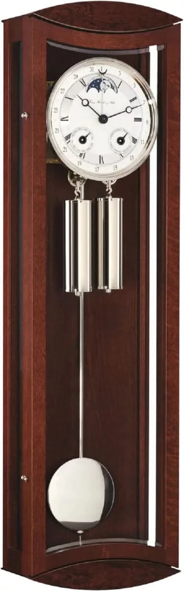 Reloj de pared de madera con esfera redonda, pesas de péndulo y óptica de péndulo de columna, madera oscura