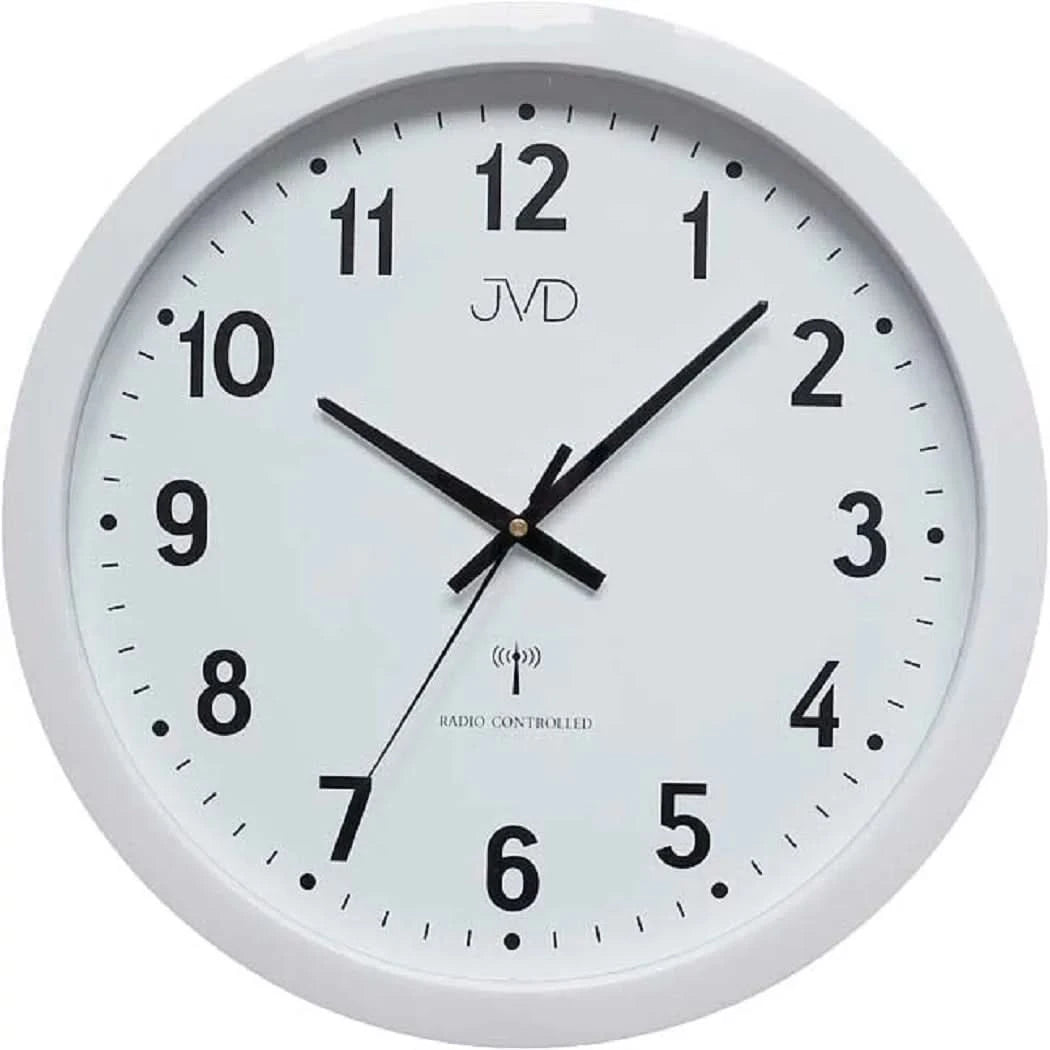 Reloj de pared redondo de plástico, esfera blanca con números y manecillas negras, JVD