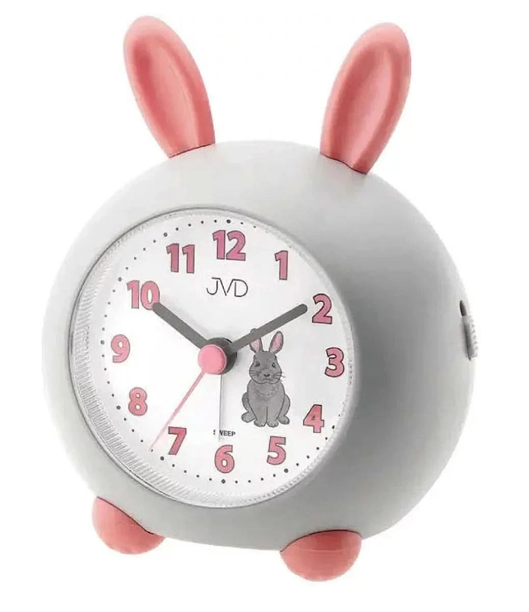 Despertador infantil con diseño de conejo, carcasa redonda gris con orejas de conejo rosas y esfera analógica