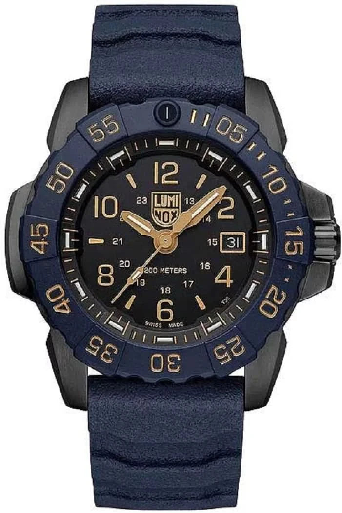 Reloj para hombre con correa de silicona azul, esfera negra, índices luminosos y ventana de fecha.