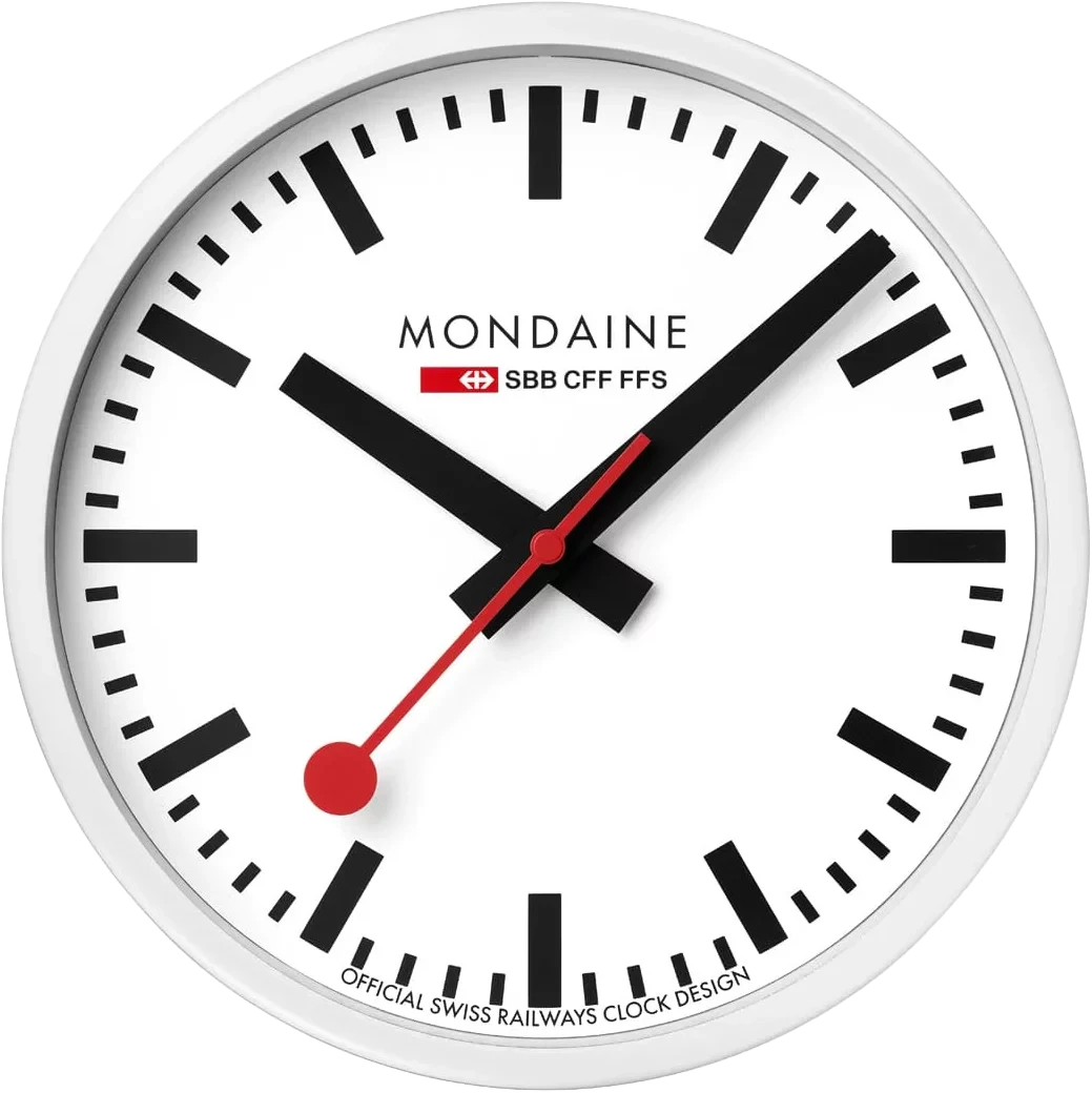 "Reloj de pared de aluminio con esfera blanca, manecillas negras y segundero rojo"