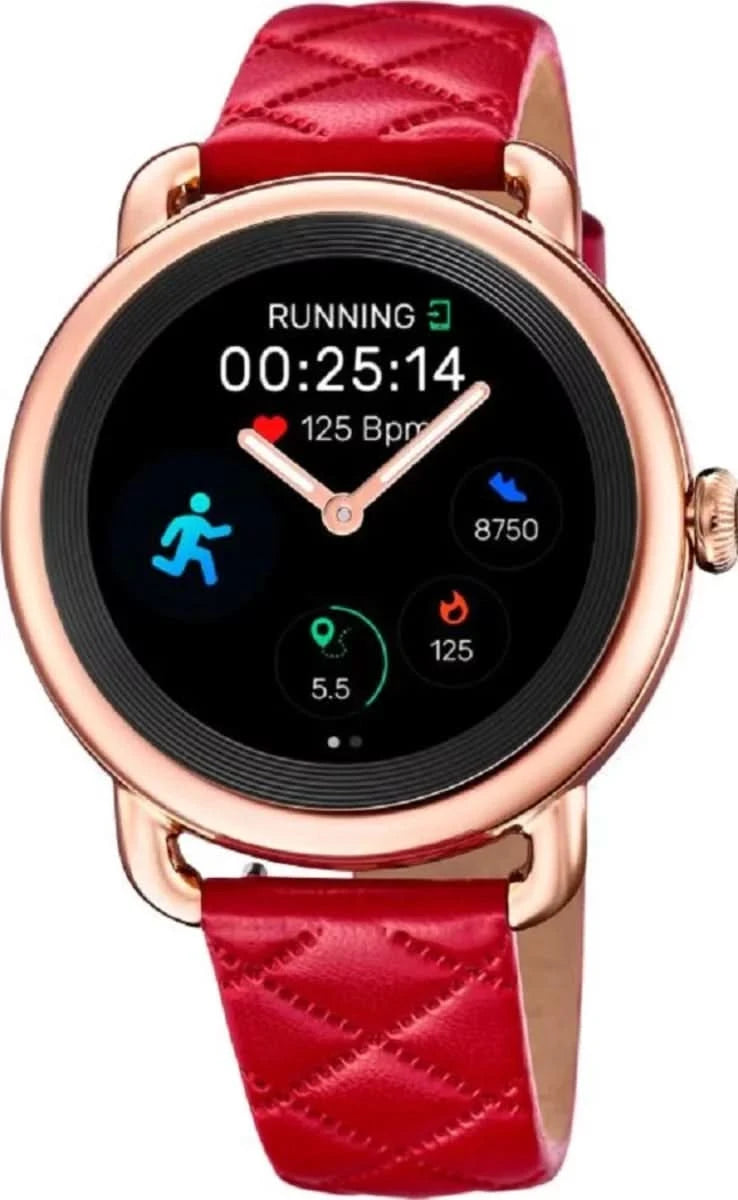Festina SmarTime Reloj para Mujer con Correa de Cuero Roja, Bisel Dorado Rosado y Pantalla Digital