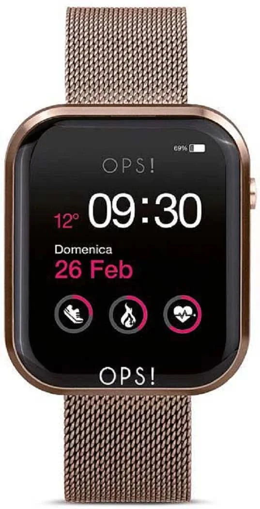 Reloj inteligente unisex con correa de malla metálica beige y pantalla oscura, caja rectangular