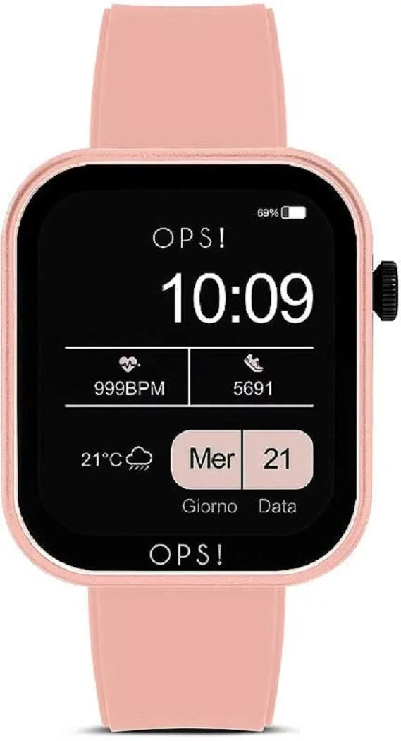 Reloj inteligente rosa con pantalla cuadrada, hora 10:09 y datos deportivos