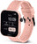 Smartwatch rosa con pantalla 10:09, botón lateral y correa con patrón de agujeros