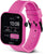 Smartwatch con correa de silicona rosa, vista lateral con botón y pantalla 10:00