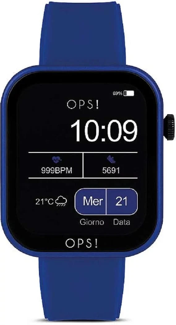 Reloj inteligente unisex con correa de silicona azul y pantalla negra, 10:09 AM