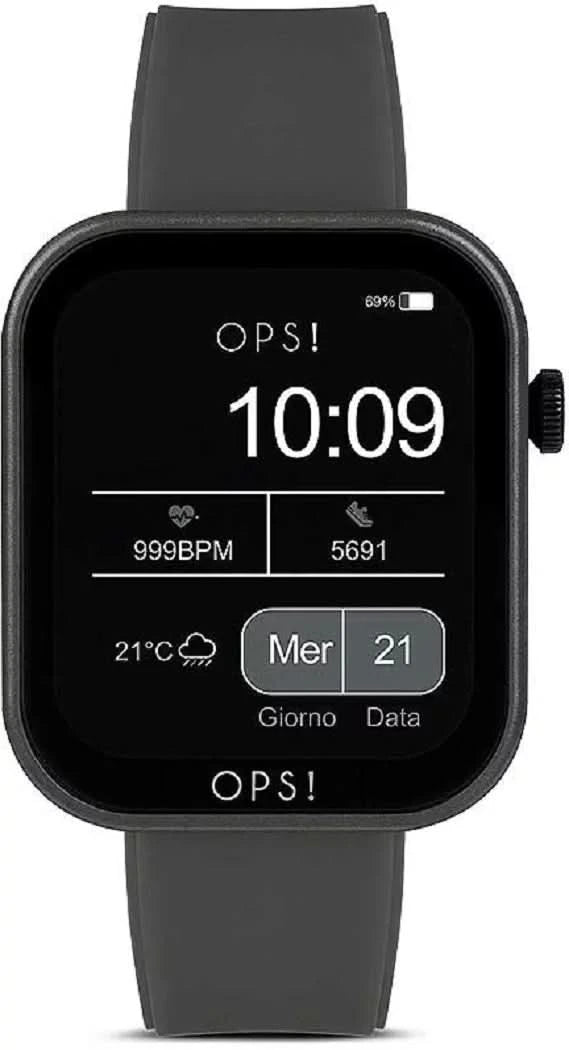 OPS! Smartwatch con pantalla negra y correa de silicona gris, vista frontal