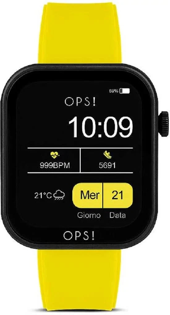 Smartwatch unisex con pantalla negra y correa de silicona amarilla, 10:09