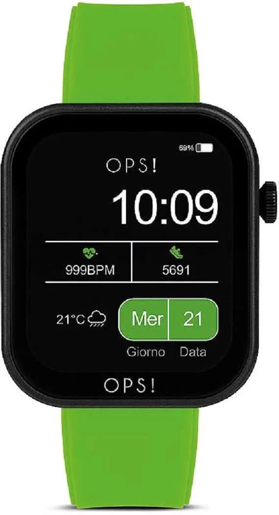 Reloj inteligente unisex con correa de silicona verde y pantalla negra, hora 10:09
