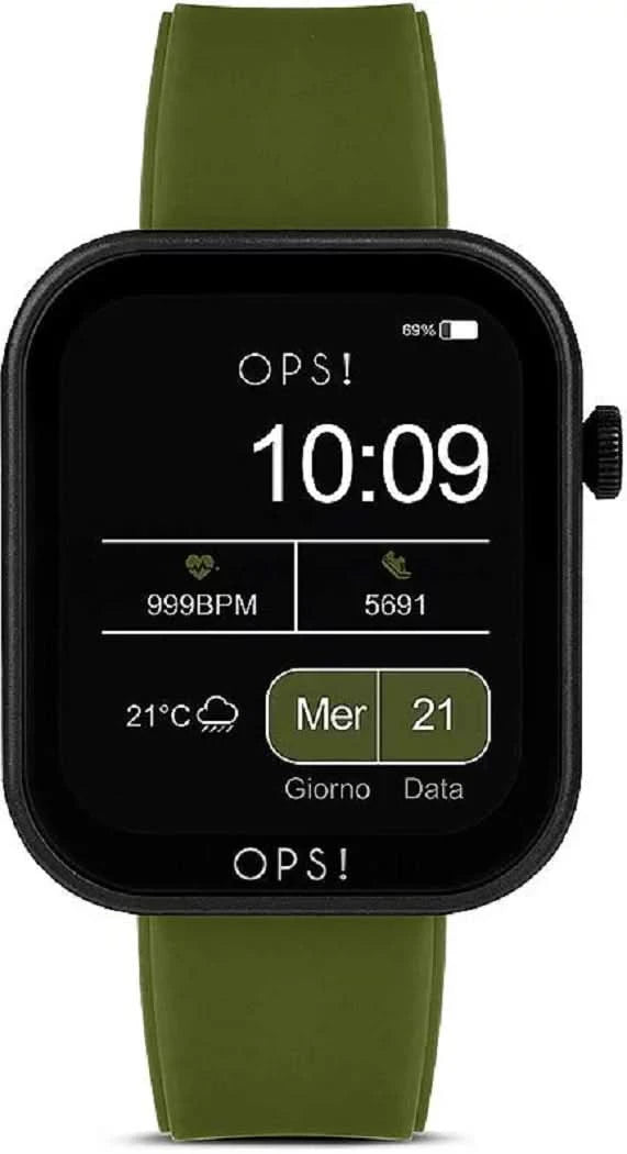 Smartwatch con correa verde y pantalla negra, hora 10:09