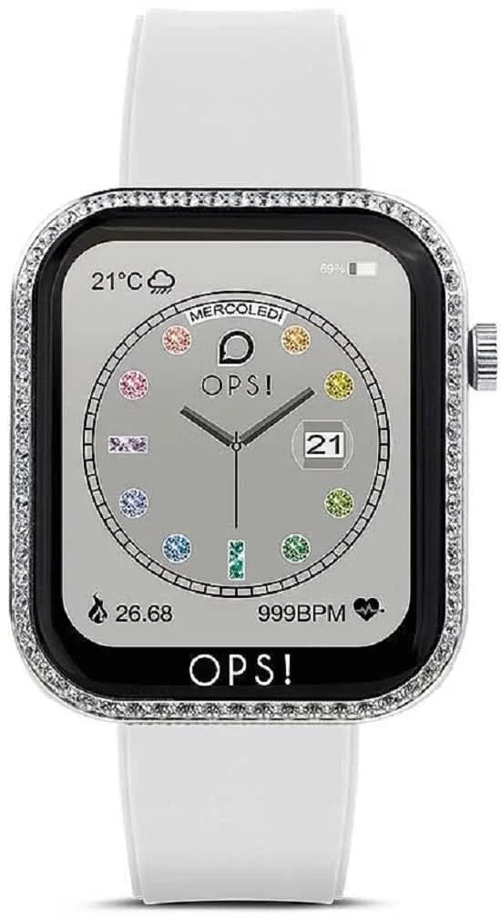 Reloj inteligente unisex: correa de silicona blanca, bisel plateado con pedrería