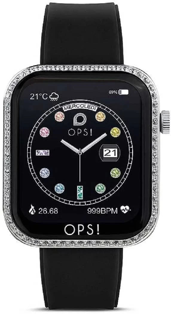 Smartwatch con correa de silicona negra y pantalla rectangular con borde de pedrería