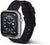 Smartwatch con correa de silicona negra, vista lateral y borde de pedrería
