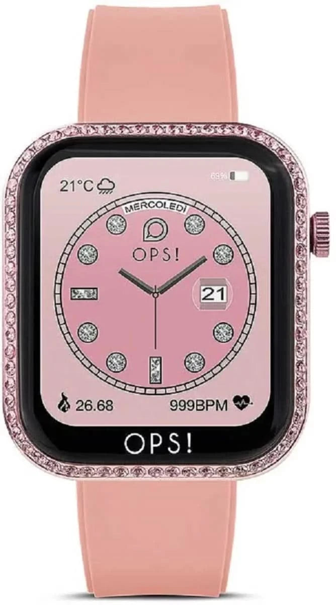 Reloj inteligente unisex con correa de silicona rosa, pantalla cuadrada y bisel decorativo