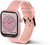 Reloj inteligente unisex con correa rosa, botón lateral y bisel brillante