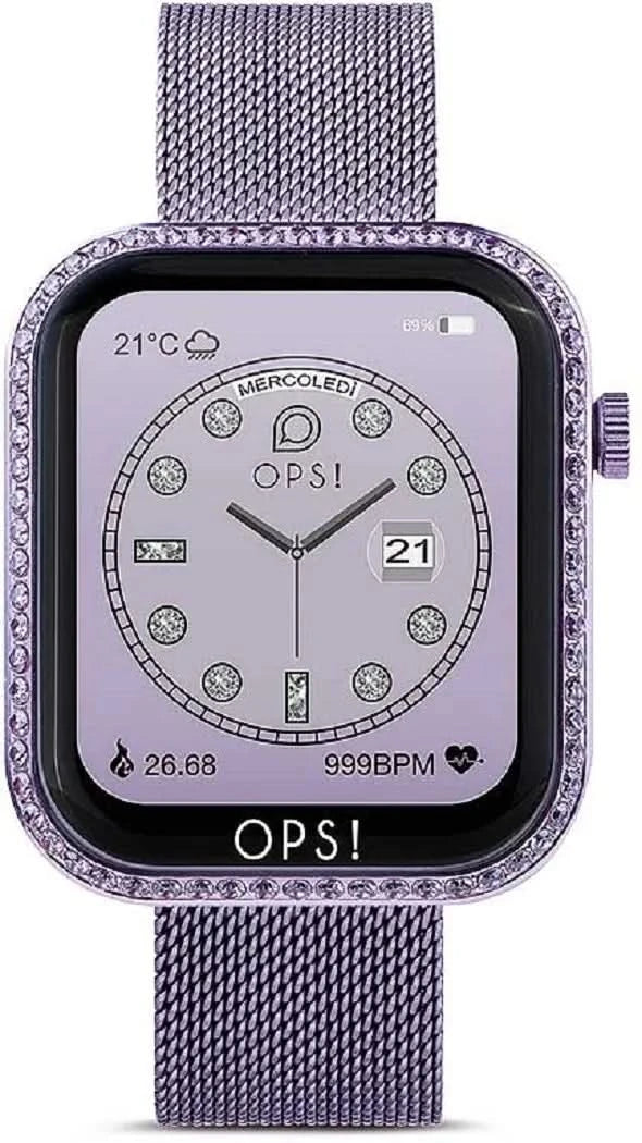 Smartwatch unisex con correa de malla morada, pantalla cuadrada y esfera OPS!