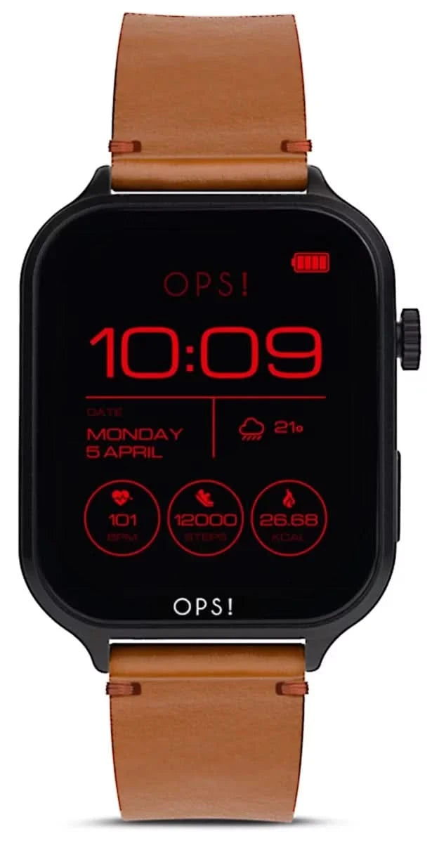 Reloj inteligente unisex con caja negra y correa de cuero marrón, pantalla 10:09